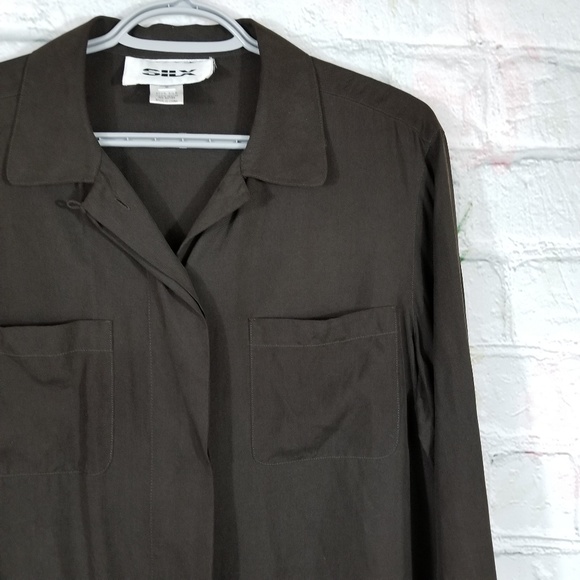 SILX 100% Silk Dark Brown Button Down Shirt - Picture 3 of 7